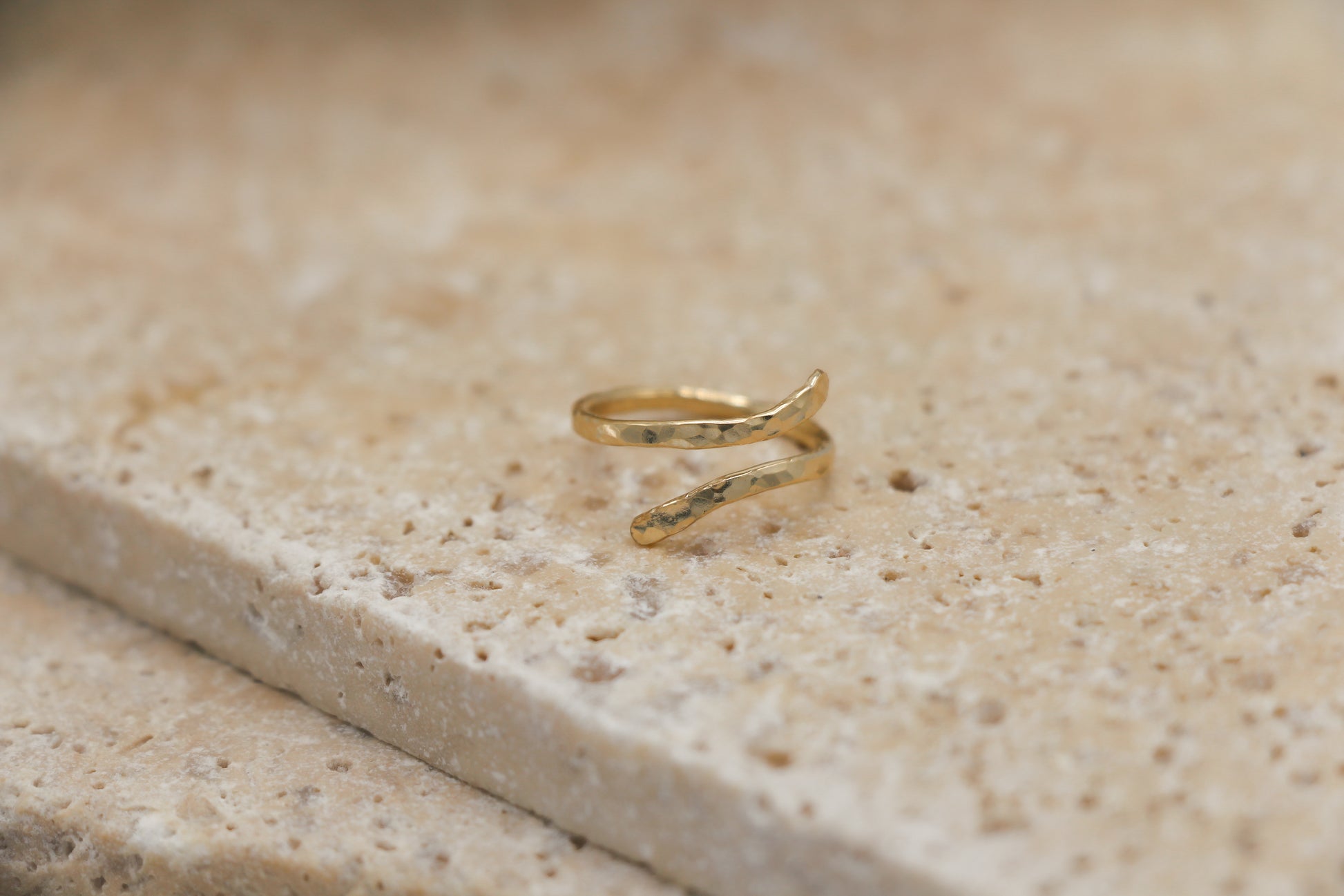 Gold filled hammered bypass ring with subtle twist 