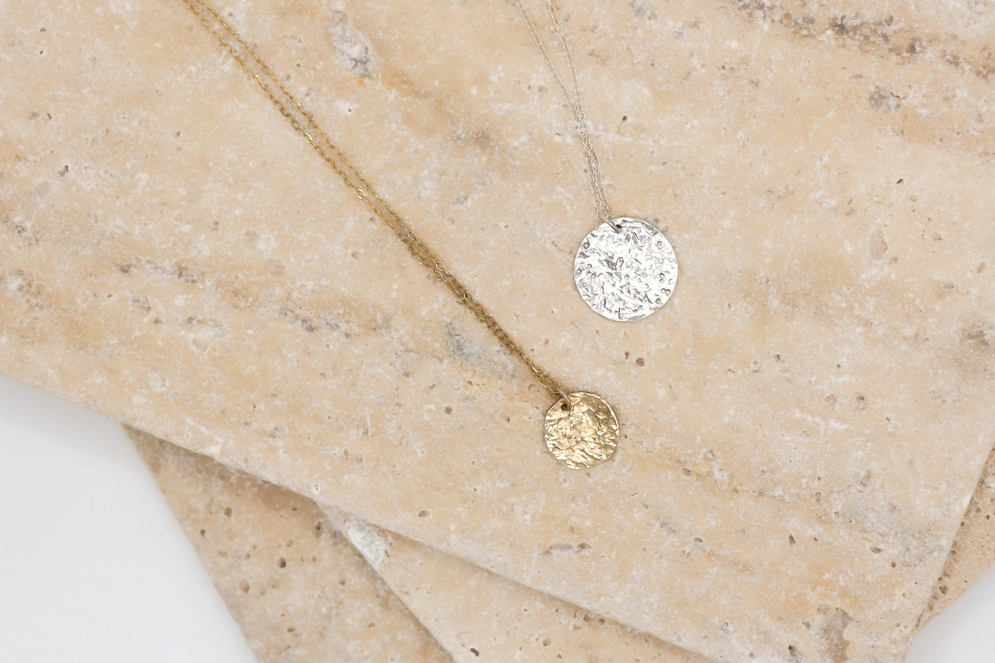 Large silver hammered coin necklace and small gold filled hammered coin necklace