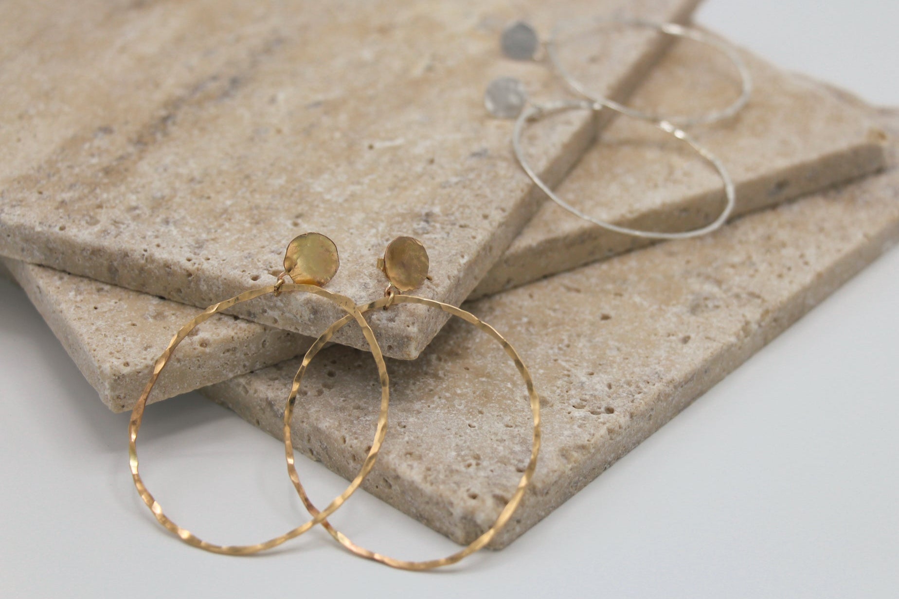 Staple Earrings, geometric hammered dangle earrings, in gold filled and sterling silver.